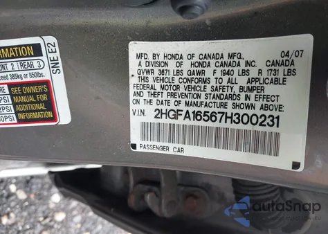 2007 Honda Civic Lx из США, поврежденный, VIN 2HGFA16567H300231